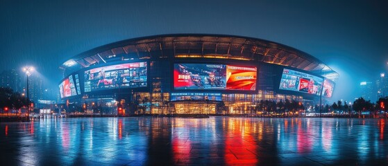 A modern stadium illuminated at night with a reflecting pool in the foreground.
