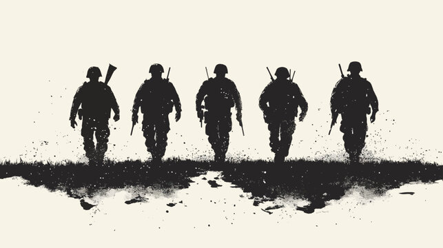 Shadow March: A silhouette of resolute soldiers marching forward, a powerful image of unity, determination, and the unwavering spirit of service and duty.