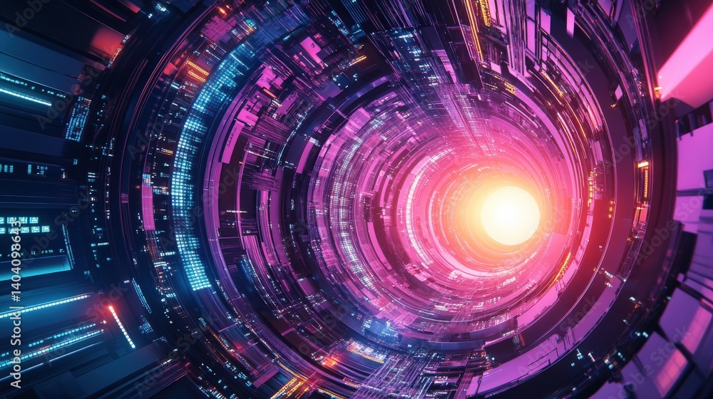 Poster abstract futuristic tunnel with vibrant colors and glowing light, creating a dynamic atmosphere