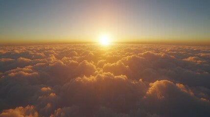 Golden sunset over a vast cloud sea.  A breathtaking view from high above, looking down on a dense field 