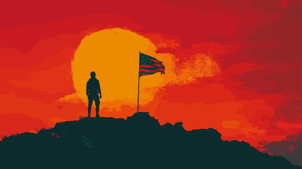 American Patriot's Stand: A lone figure stands atop a rugged landscape under a radiant sunset, with the American flag fluttering proudly beside, a symbol of freedom, courage.