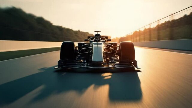 Front view of a Formula 1 car speeding directly toward the camera on the track, with crisp detail and dynamic motion. 4K.
