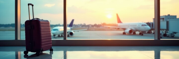 Suitcase rests on airport floor near window, awaiting departure , alone, female