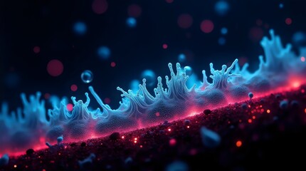 Fototapeta premium Abstract macro view of virus or cells with intricate blue structures and red glowing areas on a dark background, suitable for illustrating science, medicine, or future technology concepts.