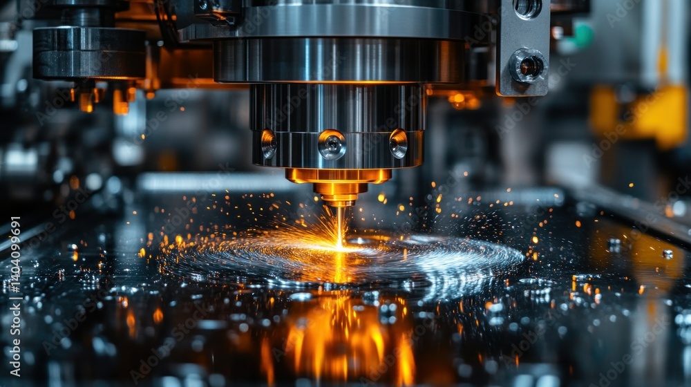 Poster high-precision metal processing machine in action. close-up view of a laser or plasma cutting proces