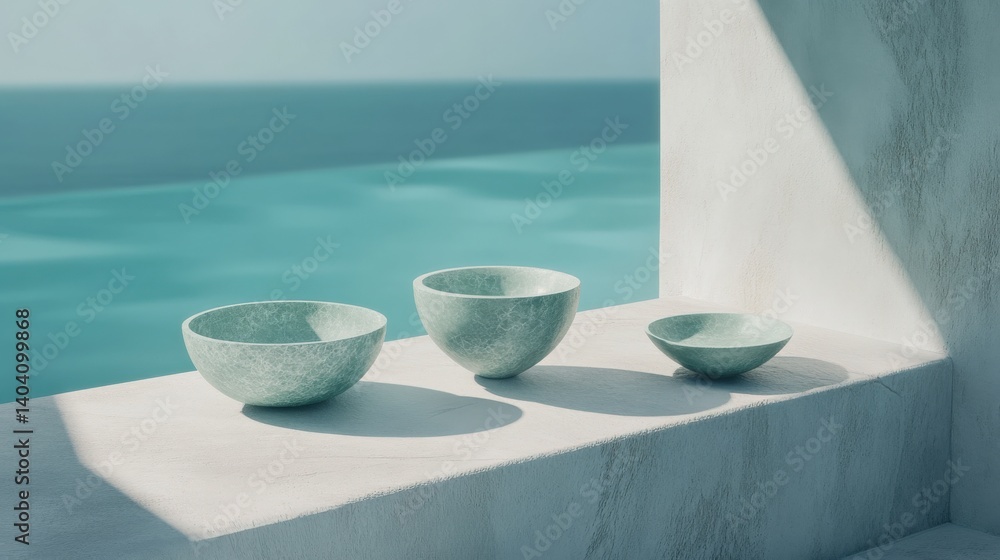 Poster three textured bowls in varying sizes placed on a sunlit ledge by a tranquil ocean view