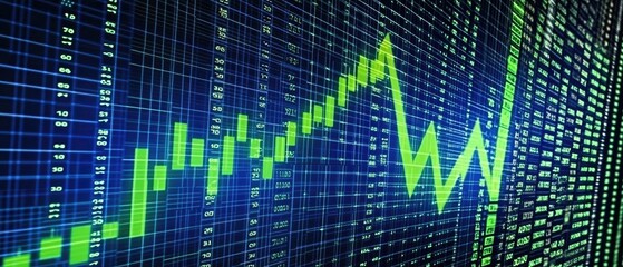 Fototapeta premium A green arrow pointing upwards with a blue background showing a financial chart with stock market data.