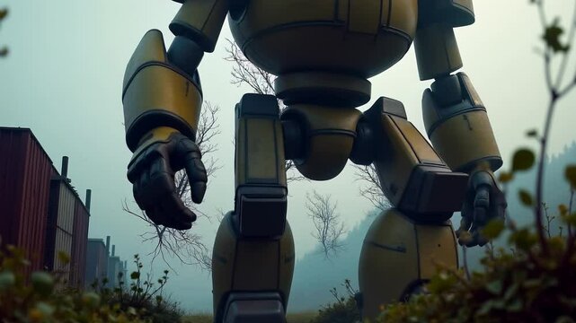 Giant cyborg robot in rusty armor walking through an old junkyard