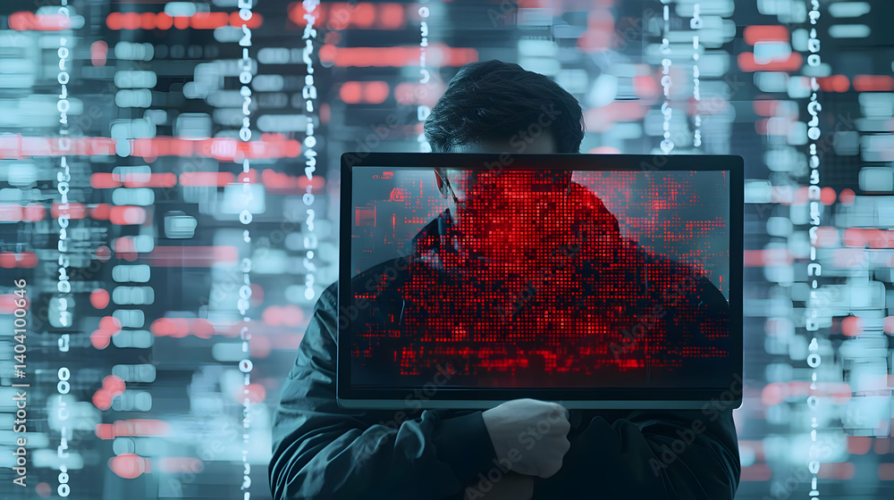 Poster hacker holding computer screen with red code display