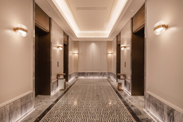 Luxury Elevator Lobby in Art Deco Style with Marble Finishes