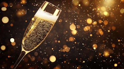 Sparkling champagne flute filled with bubbly drink against a festive golden bokeh background