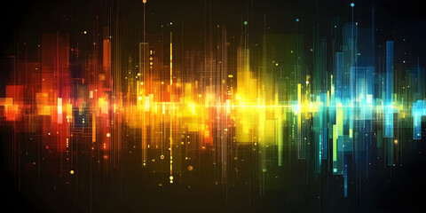Colorful digital soundwave in futuristic cityscape style

