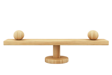 Wooden balance scale with spheres, symbolizing equality and stability.