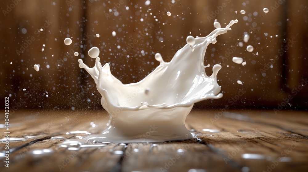 Poster splash of milk creating dynamic patterns on wooden surface with droplets in the air