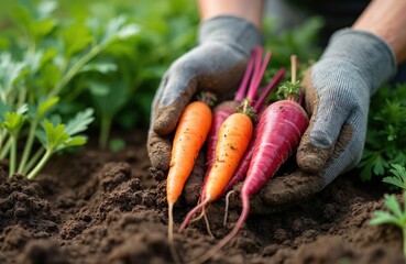 Fototapeta premium Farmer holds fresh harvest vegetables, carrots and beetroots. Eco food from ground. Organic farming, healthy eating. Harvest season, autumn time. Gardening with fresh plants.