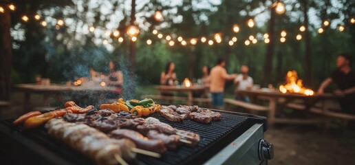 Evening BBQ grill feast, friends gather, forest party