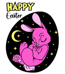 Cute pink Easter bunny sleeping in egg shape with stars and moon, colorful vector illustration for spring and holiday themes