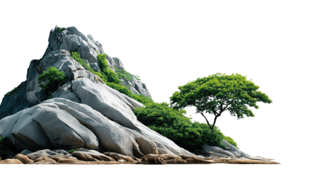 Rocky Mountain with Tree: A majestic mountain, weathered and rugged, rises against a clear sky, with a single lush green tree growing on its side.