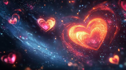 Glowing hearts float in a cosmic, starry expanse.