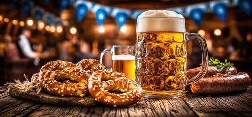 Beer, pretzels, sausages, festive pub