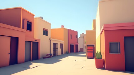 Low Poly Colorful Desert Town Street Scene