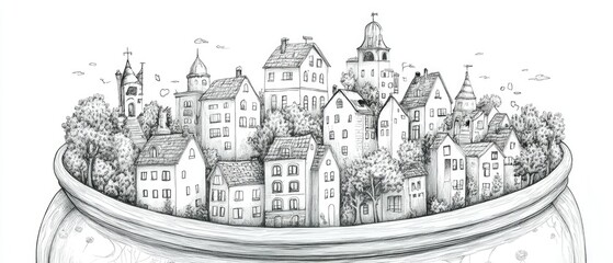Fototapeta premium A whimsical pencil sketch of a miniature town nestled inside a large pot.