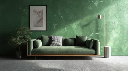 Green velvet couch in a modern living room.