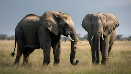 Fototapeta premium Elephants walking in the savannah with a herd in the wild African grasslands