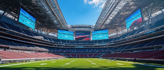 Empty football stadium with large screens.