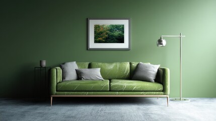 Green sofa in a room with green walls