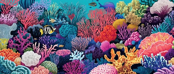 Vibrant underwater scene with colorful coral reefs, a tropical fish, and a blue background.