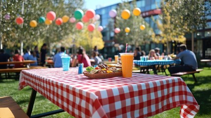 Outdoor picnic lunch, company gathering, sunny park