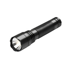 Black flashlight with textured grip, ideal for camping and emergency use.