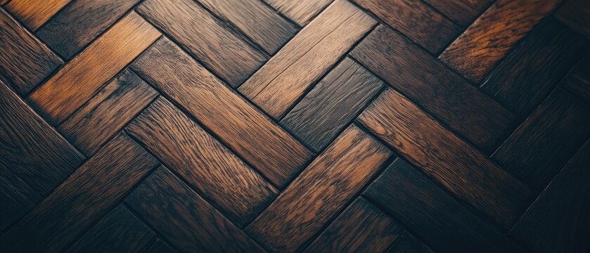 Dark brown wood parquet flooring with herringbone pattern.