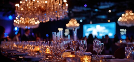 Elegant gala dinner, chandelier backdrop, blurry screen