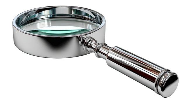 Magnifying Glass: Close-up of a classic magnifying glass with a silver handle and a clear glass lens, isolated against a plain backdrop. The magnifying glass symbolizes detail, precision.
