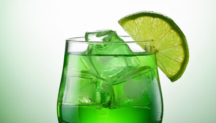 Refreshing green drink with ice on a white background