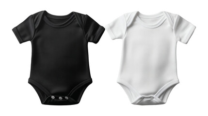 Black and white baby onesie bodysuit mockup with snap closures for infant clothing design showcasing and branding purposes on transparent background