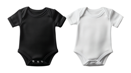 Black and white baby onesie bodysuit mockup with snap closures for infant clothing design showcasing and branding purposes on transparent background