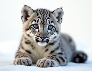 Obraz premium Snow leopard cub portrait with blue eyes, soft fur on white background. Young wild animal resting, looking at camera. Cute predator cat, wildlife photo perfect for design, print, decor.