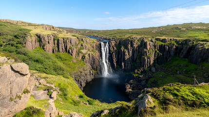High Angle View of a Majestic Waterfall Cascading into a Pool Surrounded by Lush Green Cliffs and Birds in Flight