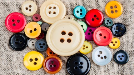 Colorful Sewing Buttons Collection on Burlap Fabric