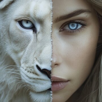Half human, half lioness. Photo manipulation. Woman, beast. Alien Urmah, galactic origin.