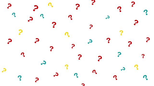 Colorful question mark symbols on a white background. The marks gently rotate and scale in and out randomly, evoking playful curiosity and creative rhythm. 4K Motion Graphics.