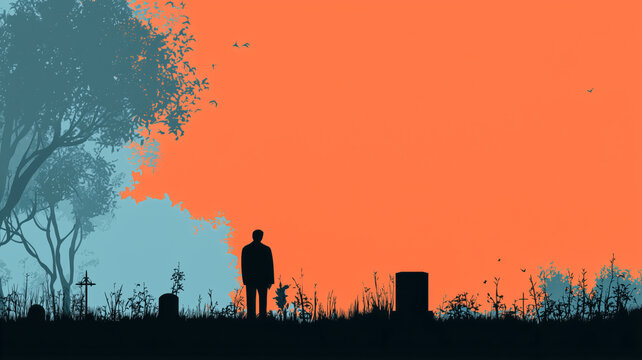 Contemplative figure in a graveyard at sunset. Silhouette of a man stands somberly among tombstones against an orange sky.