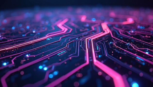 Abstract illustration of glowing lines forming circuit board pattern. Purple blue neon lights on black background. High tech digital technology design, network connection.