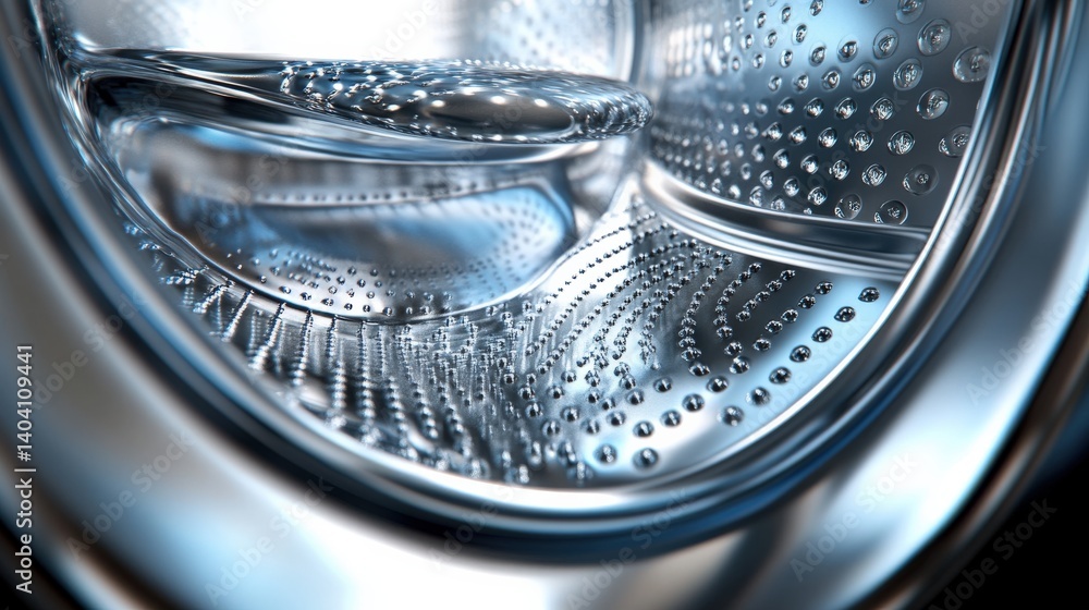Poster close-up view of a shiny washing machine drum showcasing its intricate design and texture