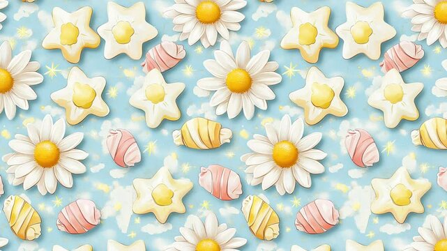 Seamless pattern of daisies and candies on pale blue.