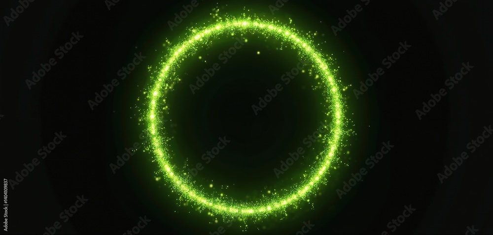 Aufkleber Green glowing ring on black backdrop. Abstract particle circle frame. Futuristic sci-fi concept. Digital tech design. Glowing particles creating magic effect. Ideal for modern design projects.