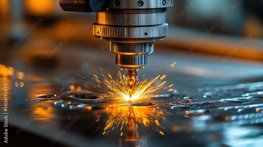 Poster precision metal cutting in progress. high-powered laser or plasma cutter, focused on a metal sheet, 